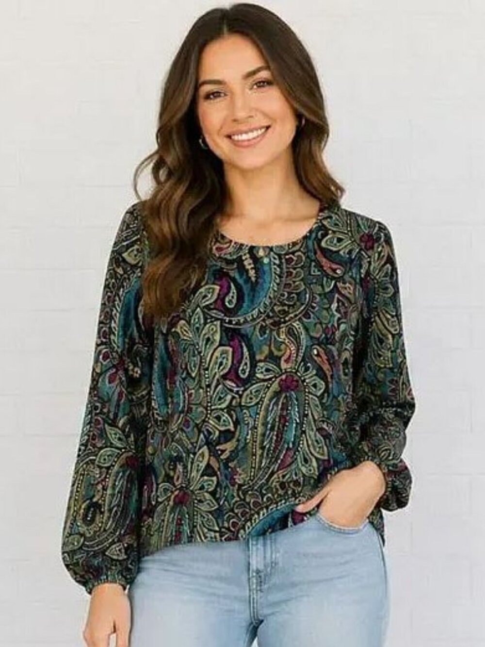 J. Jill M 10 12 Jewel Tone Vintage Paisley Print Layered Look Long Sleeve Tunic